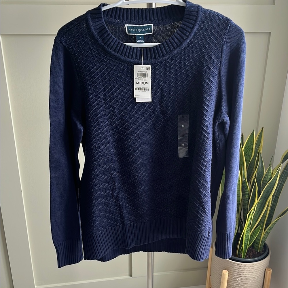 (NWT) Karen Scott Cotton Cable Knit Sweater - Navy Blue